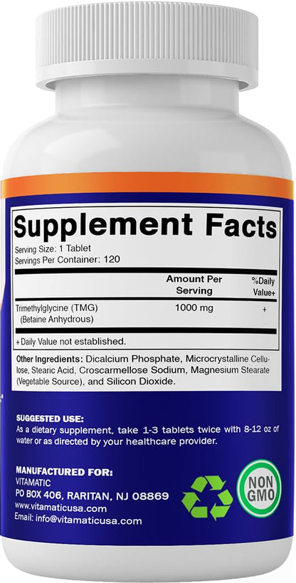 Vitamatic TMG 1000mg – Trimethylglycine (Betaine Anhydrous) | 120 Tablets, 120 Servings – Non-GMO & Gluten Free