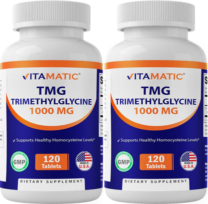 Vitamatic TMG 1000mg – Trimethylglycine (Betaine Anhydrous) – 120 Tablets, 2 Bottles – Non-GMO & Gluten Free