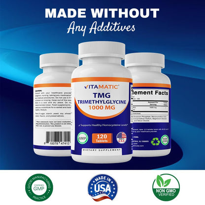 Vitamatic TMG 1000mg – Trimethylglycine (Betaine Anhydrous) – 120 Tablets, 2 Bottles – Non-GMO & Gluten Free