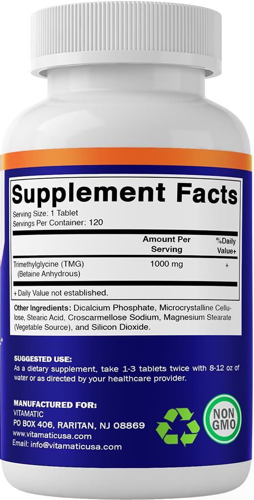 Vitamatic TMG 1000mg – Trimethylglycine (Betaine Anhydrous) – 120 Tablets, 2 Bottles – Non-GMO & Gluten Free