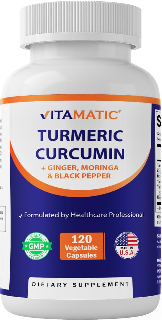 Vitamatic Turmeric Curcumin Supplement – 10:1, 3000 mg/Serving, 95% Curcuminoids, Black Pepper, Ginger, Moringa | 120 Veg Capsules