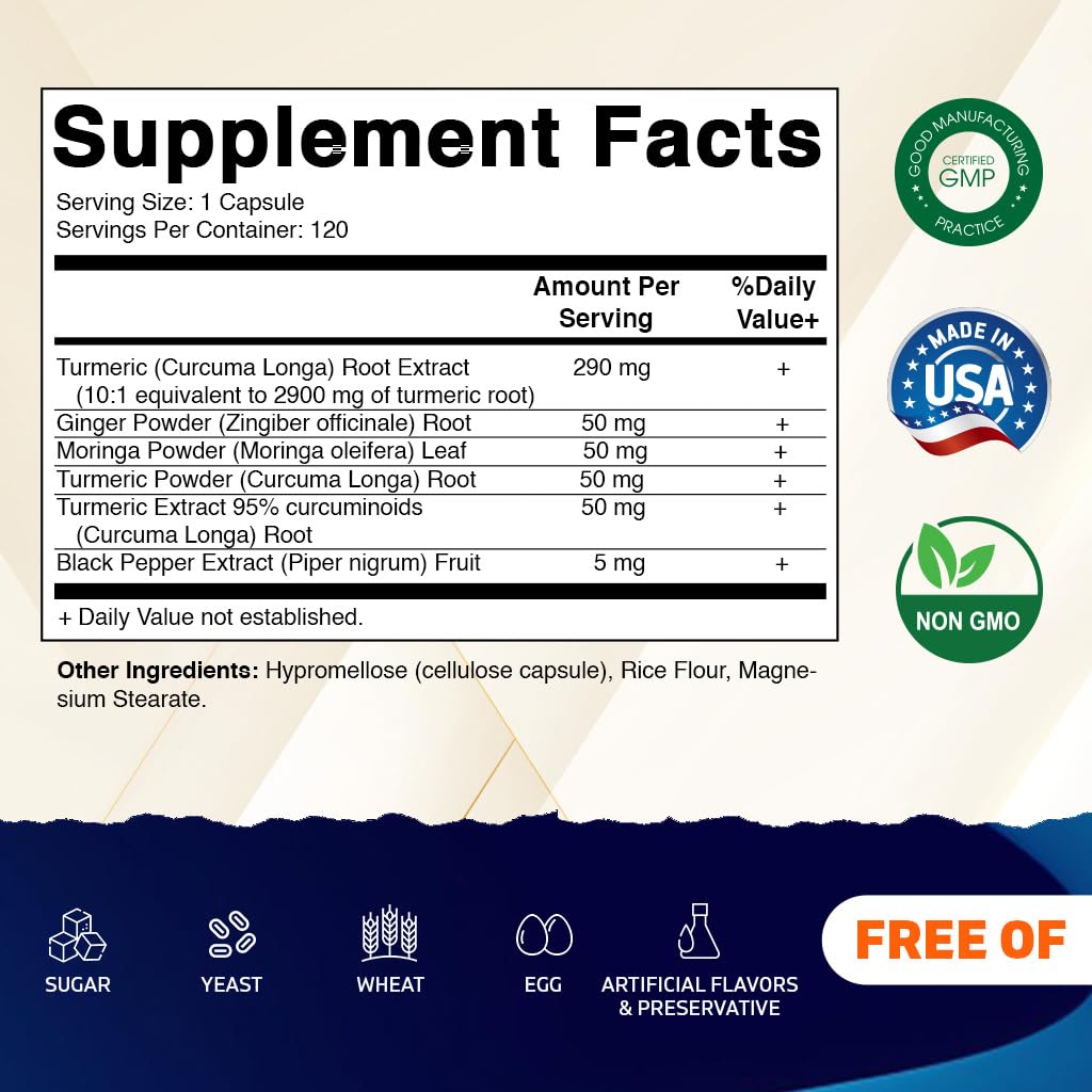 Vitamatic Turmeric Curcumin Supplement – 10:1, 3000 mg/Serving, 95% Curcuminoids, Black Pepper, Ginger, Moringa | 120 Veg Capsules