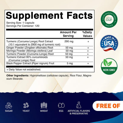 Vitamatic Turmeric Curcumin Supplement – 10:1, 3000 mg/Serving, 95% Curcuminoids, Black Pepper, Ginger, Moringa | 120 Veg Capsules