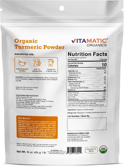 Vitamatic Organic Turmeric Powder – 1 lb (16 oz) | USDA Certified