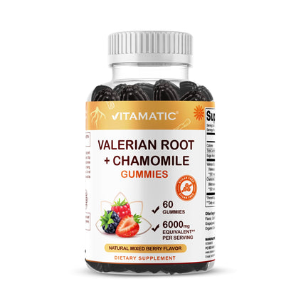 Vitamatic Valerian Root Chamomile Gummies – 6000 mg per Serving, Mixed Berry – 60 Gummies | Non-GMO, Gluten-Free