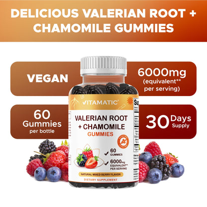 Vitamatic Valerian Root Chamomile Gummies – 6000 mg per Serving, Mixed Berry – 60 Gummies | Non-GMO, Gluten-Free