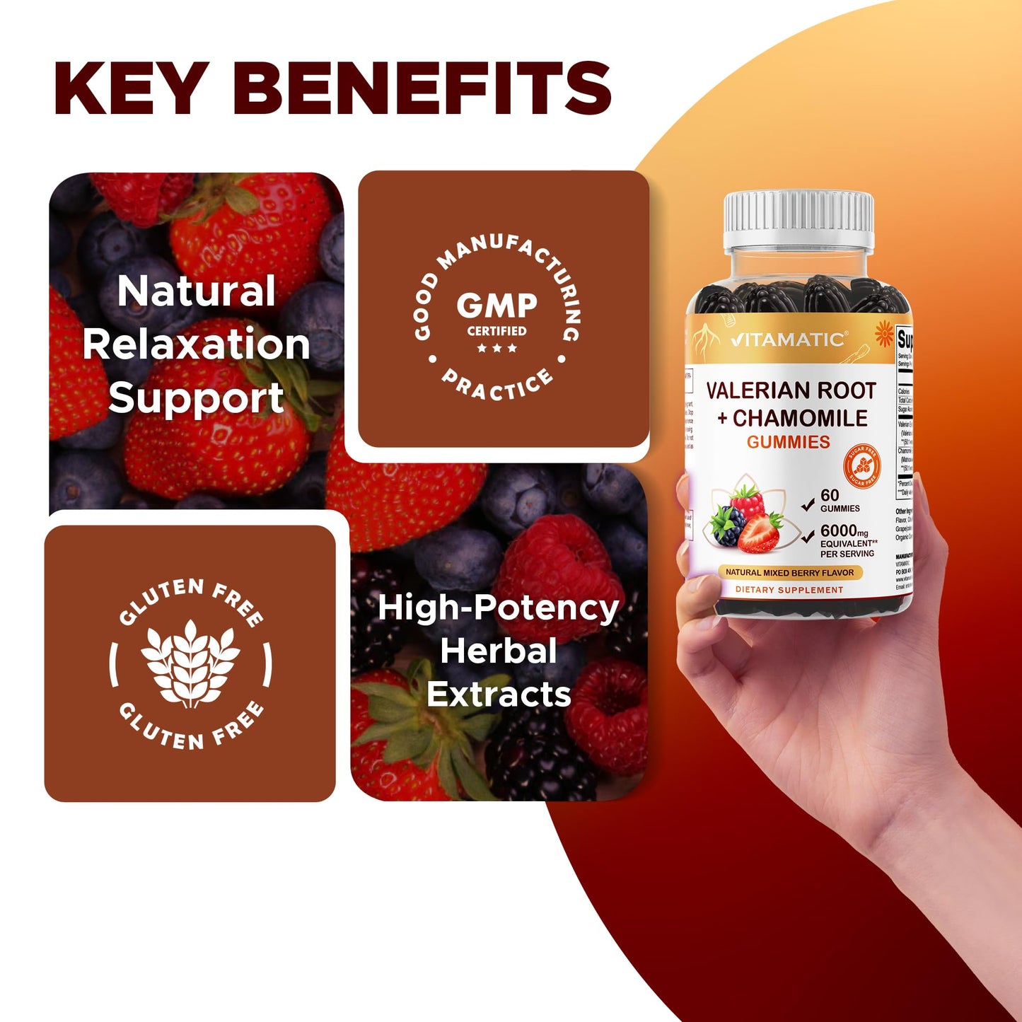 Vitamatic Valerian Root Chamomile Gummies – 6000 mg per Serving, Mixed Berry – 60 Gummies | Non-GMO, Gluten-Free