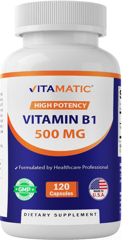 Vitamatic Vitamin B1 (Thiamine) 500mg – 120 Capsules | Non-GMO, Gluten Free