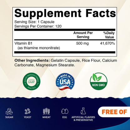 Vitamatic Vitamin B1 (Thiamine) 500mg – 120 Capsules | Non-GMO, Gluten Free