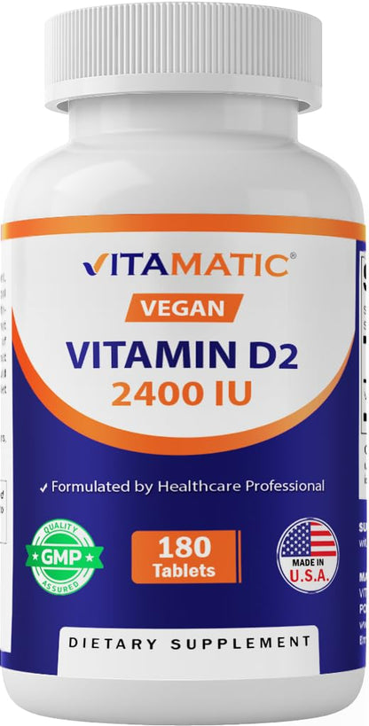 Vitamatic Vitamin D2 60 mcg (2400 IU) - Ergocalciferol | 180 Vegetarian Tablets (1 Bottle)