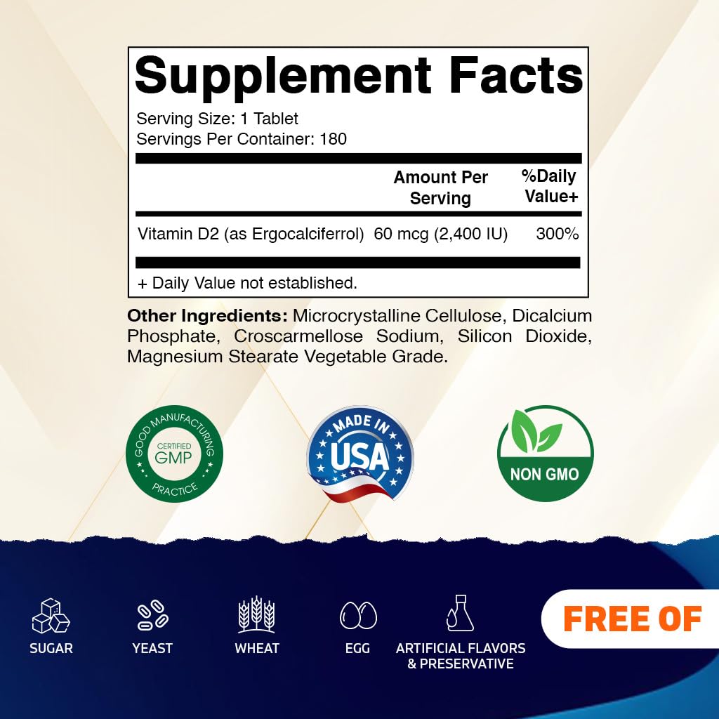 Vitamatic Vitamin D2 60 mcg (2400 IU) - Ergocalciferol | 180 Vegetarian Tablets (1 Bottle)