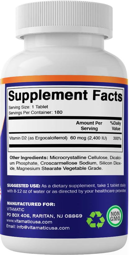 Vitamatic Vitamin D2 60 mcg (2400 IU) - Ergocalciferol | 180 Vegetarian Tablets (1 Bottle)