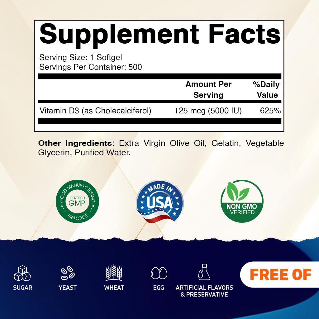 Vitamatic Vitamin D3 5000 IU (125 mcg) – Olive Oil-Based Softgels, 500-Day Supply (Pack of 2) | Non-GMO & Gluten-Free