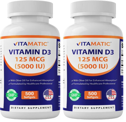 Vitamatic Vitamin D3 5000 IU (125 mcg) – Olive Oil-Based Softgels, 500-Day Supply (Pack of 2) | Non-GMO & Gluten-Free