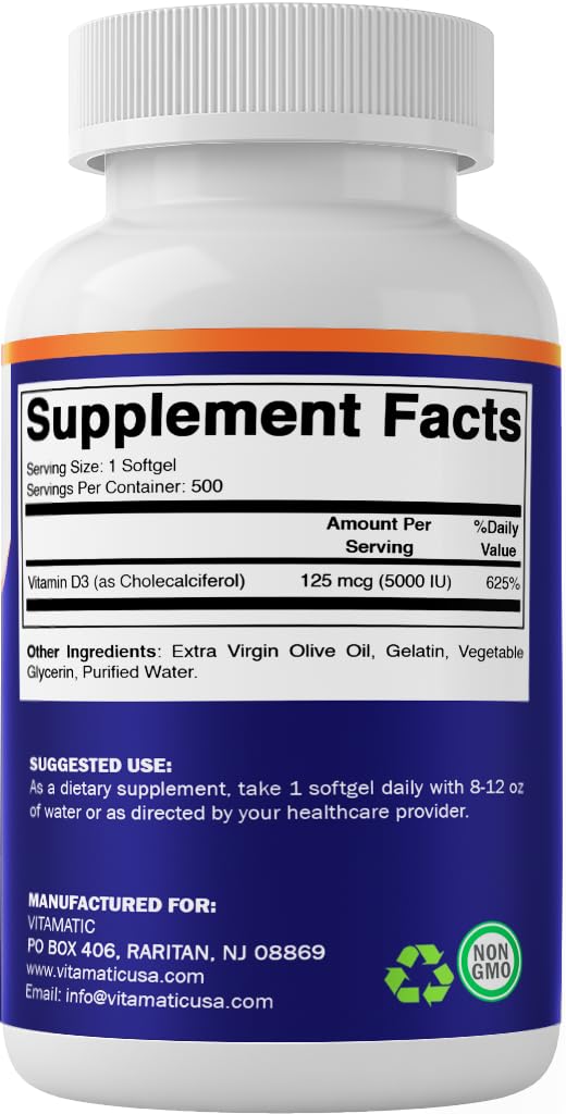 Vitamatic Vitamin D3 5000 IU (125 mcg) – Olive Oil-Based Softgels, 500-Day Supply (Pack of 2) | Non-GMO & Gluten-Free