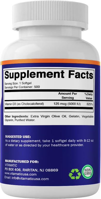 Vitamatic Vitamin D3 5000 IU (125 mcg) – Olive Oil-Based Softgels, 500-Day Supply (Pack of 2) | Non-GMO & Gluten-Free