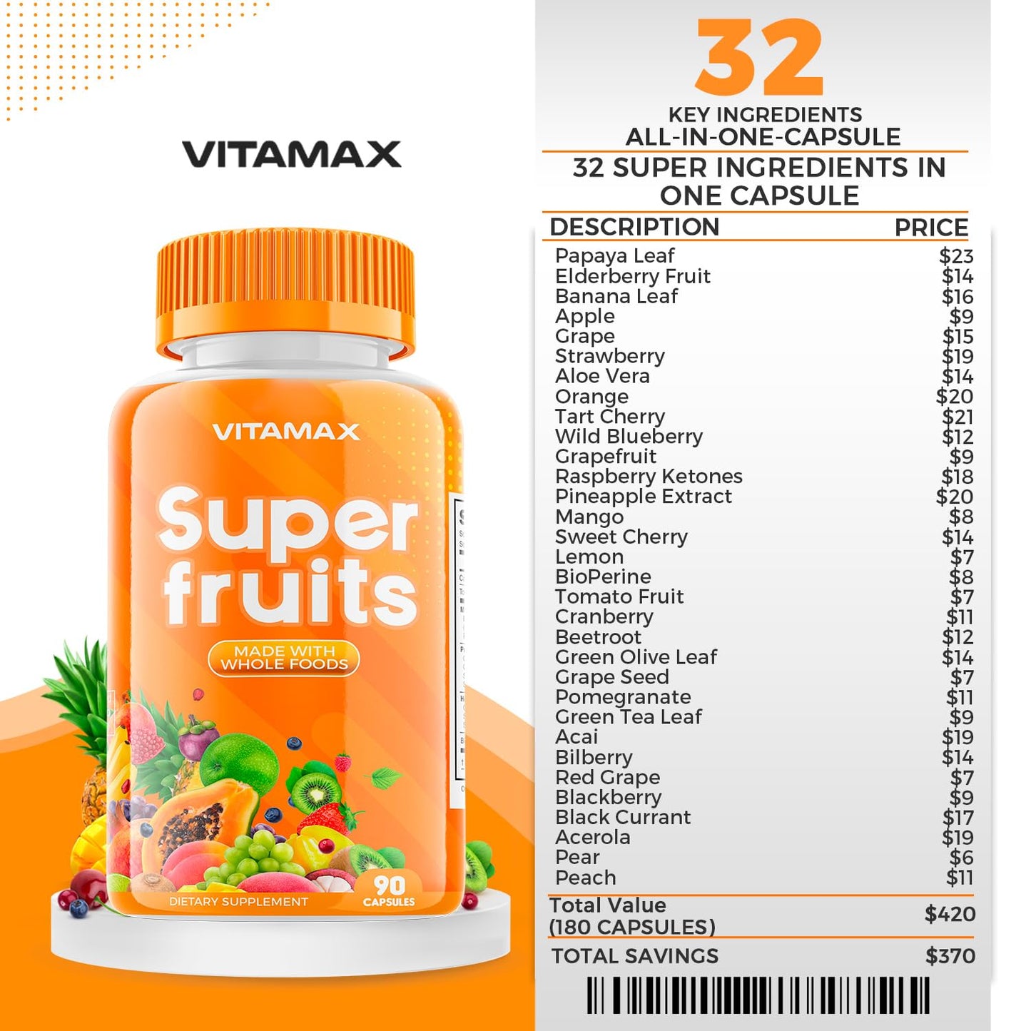 Vitamax Super Fruit & Vegetable Supplements – 90 Veggie & 90 Fruit Capsules – Made in USA