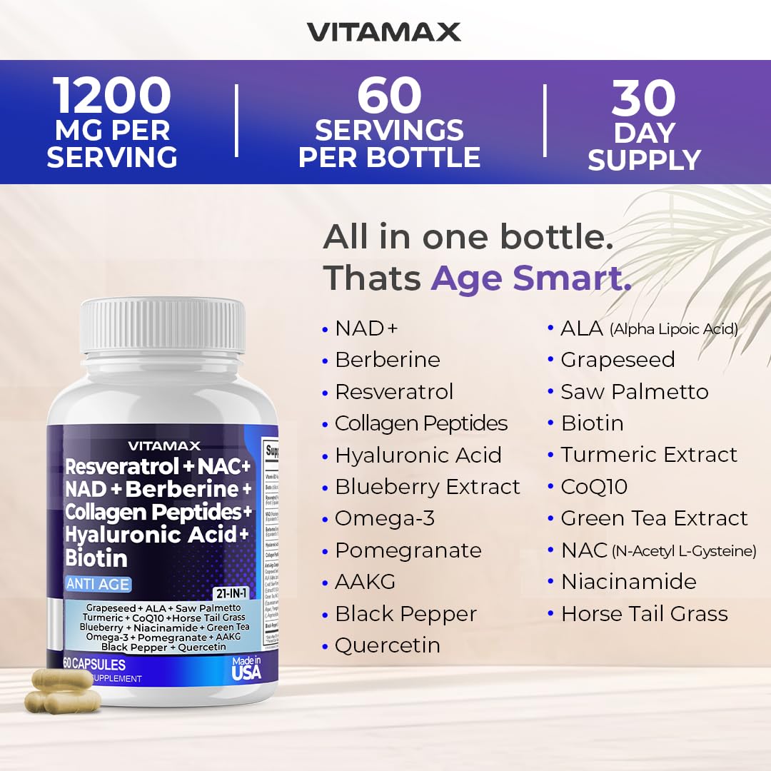 Resveratrol NAD+ Berberine Hyaluronic Acid 21-in-1 Hair, Skin, Nail & Joint Supplement – Made in USA (60 Count)