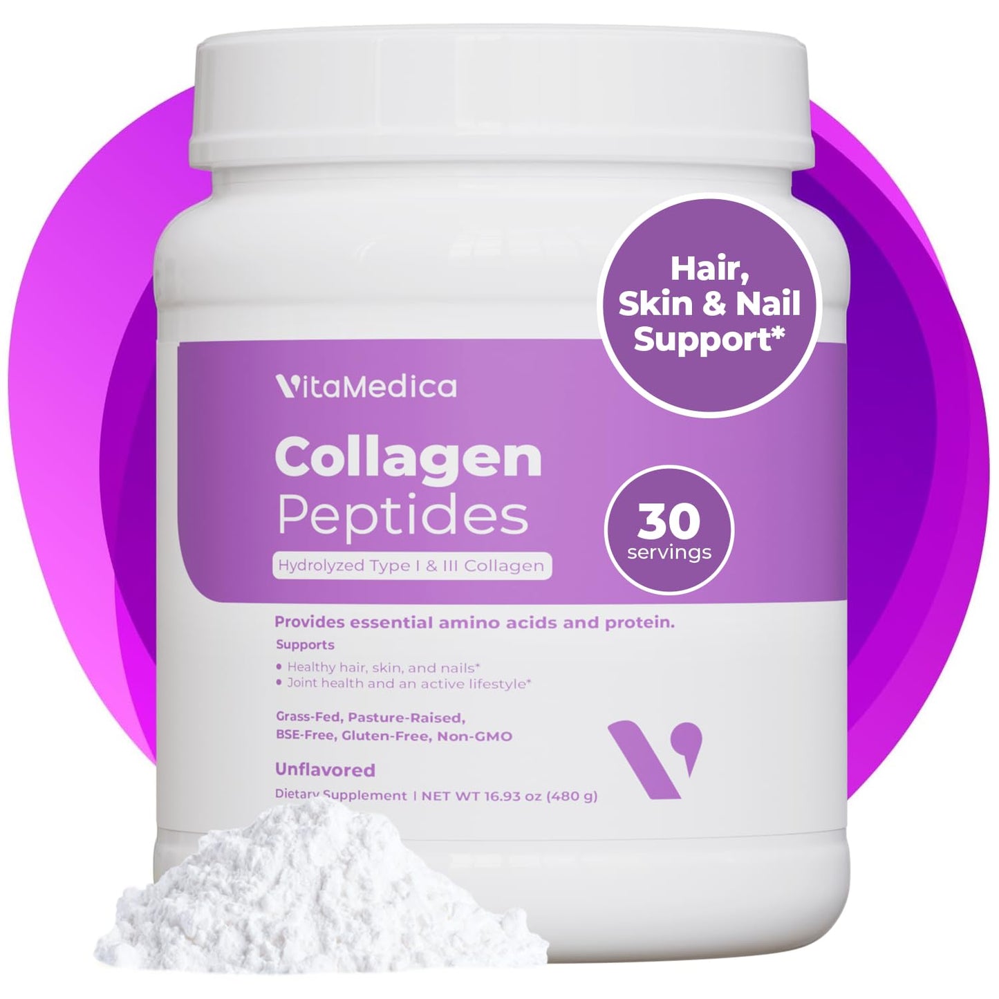 VitaMedica Collagen Peptides Powder – Healthy Hair, Skin, Nails, Bones & Joints (Hydrolyzed Types I & III) – Grass-Fed, Pasture-Raised, Unflavored, Zero Sugar – 30 Servings