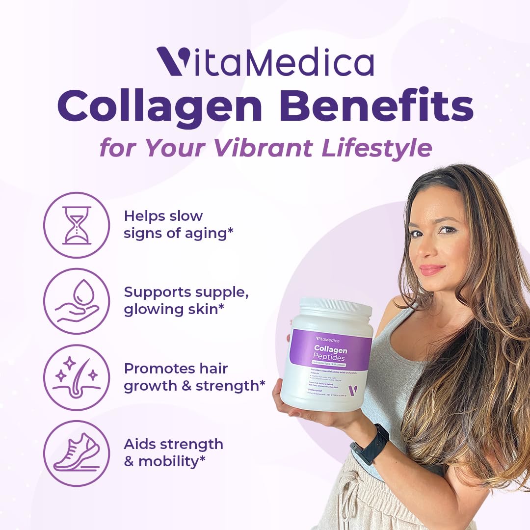 VitaMedica Collagen Peptides Powder – Healthy Hair, Skin, Nails, Bones & Joints (Hydrolyzed Types I & III) – Grass-Fed, Pasture-Raised, Unflavored, Zero Sugar – 30 Servings