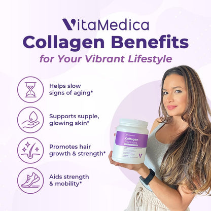 VitaMedica Collagen Peptides Powder – Healthy Hair, Skin, Nails, Bones & Joints (Hydrolyzed Types I & III) – Grass-Fed, Pasture-Raised, Unflavored, Zero Sugar – 30 Servings