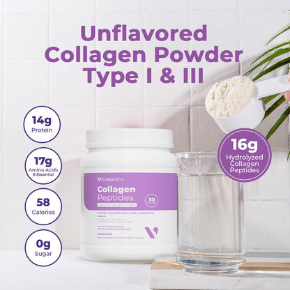 VitaMedica Collagen Peptides Powder – Healthy Hair, Skin, Nails, Bones & Joints (Hydrolyzed Types I & III) – Grass-Fed, Pasture-Raised, Unflavored, Zero Sugar – 30 Servings