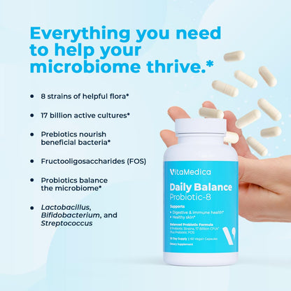 VitaMedica Daily Balance Probiotic-8 | 16B CFUs | Gut Health, Skin & Immune Support