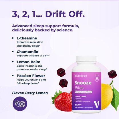 VitaMedica Snooze Sleep Gummies - Melatonin-Free, Zero Grogginess, L-Theanine, Chamomile, Passionflower & Lemon Balm - 30 Count