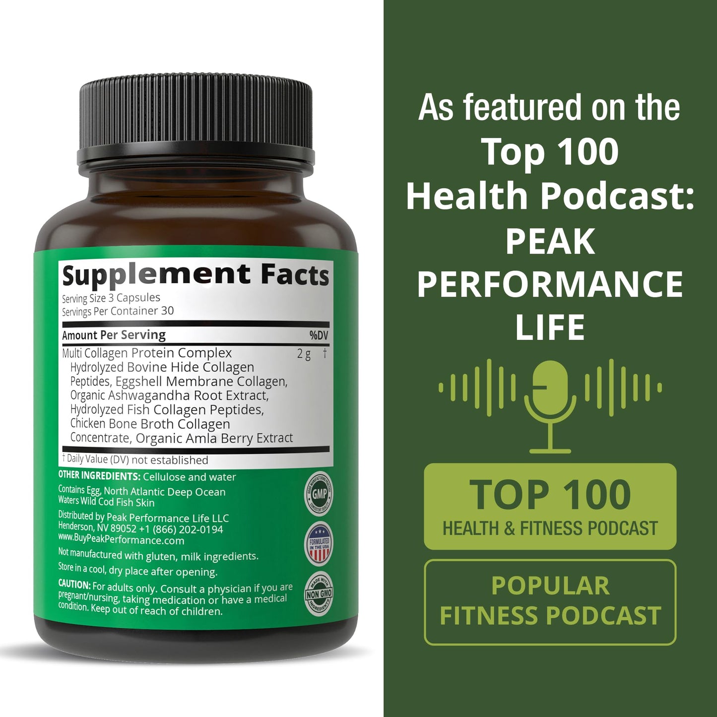 Peak Performance All 5 Multi-Collagen Capsules – 90 Pills, Grass-Fed Peptides | Collagen Types I, II, III, V, X