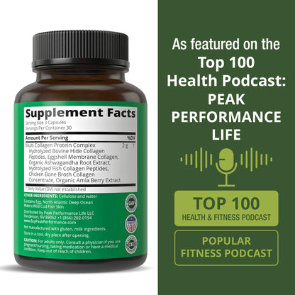 Peak Performance All 5 Multi-Collagen Capsules – 90 Pills, Grass-Fed Peptides | Collagen Types I, II, III, V, X