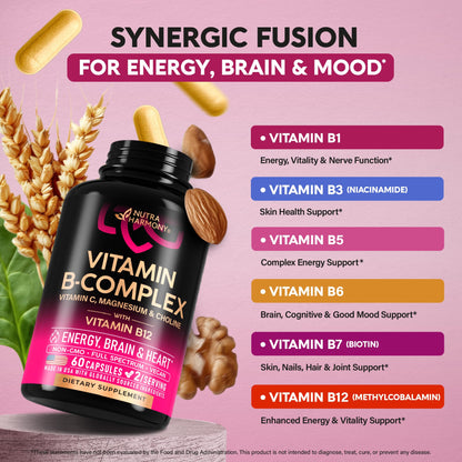 Vitamin B Complex for Men & Women - Made in USA | 60 Vegan Caps