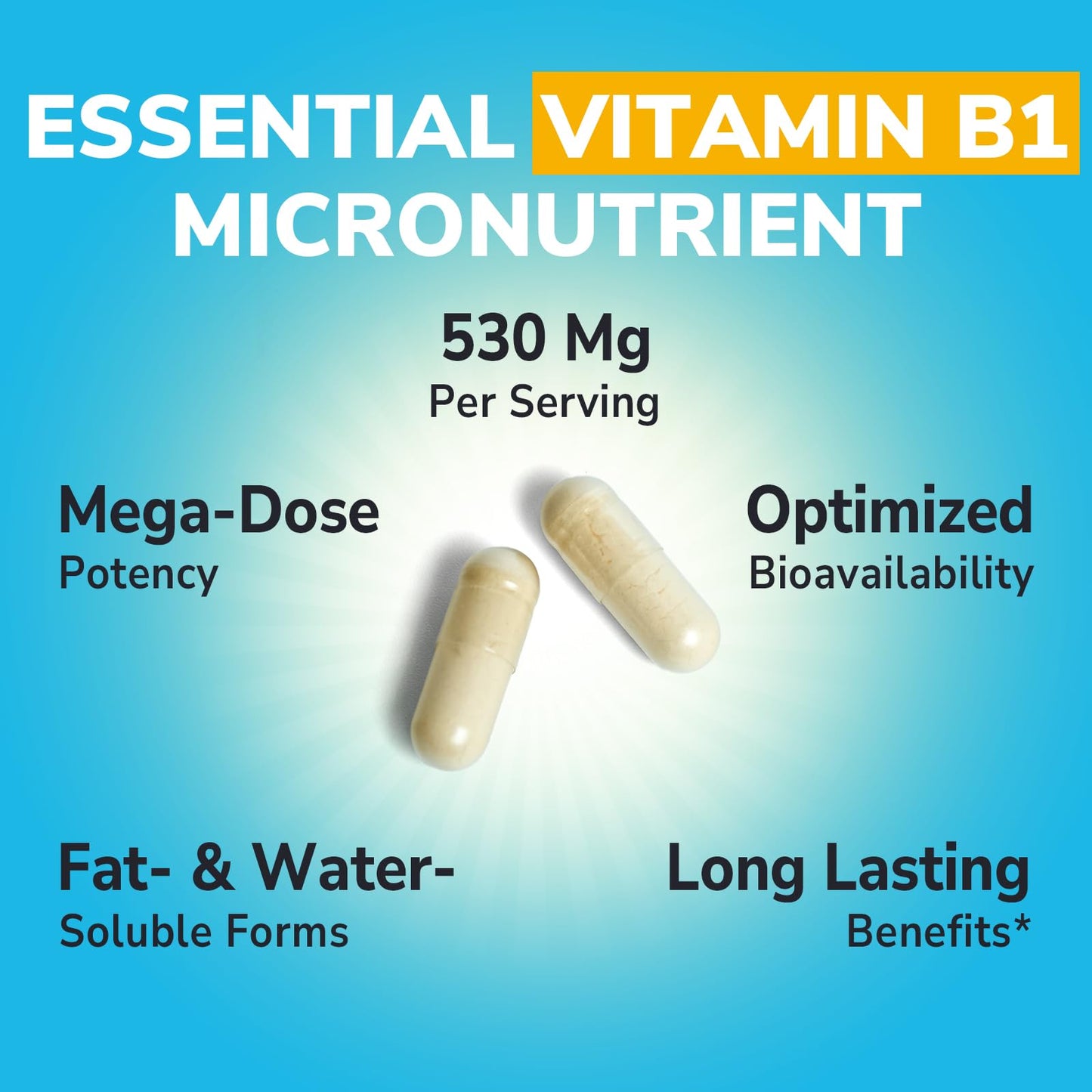 Mega Vitamin B1 500 mg with Benfotiamine – Vegan B-Complex (B1/B2/B6/B12) 120 Capsules