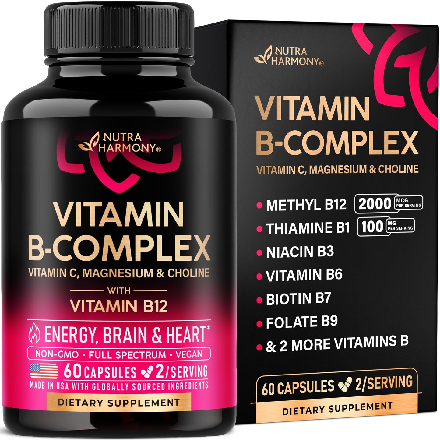 Vitamin B Complex for Men & Women - Made in USA | 60 Vegan Caps