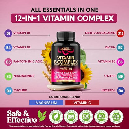 Vitamin B Complex for Men & Women - Made in USA | 60 Vegan Caps