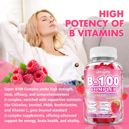 Vitamin B Complex Gummies – All B Vitamins + Methyl B12 | Energy & Immune Support | Raspberry Flavor (60 Count)