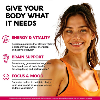Vitamin B-Complex Gummies for Women & Men - B1-B12 + Vitamin C & Choline - Berry Flavor, Vegan (60 Gummies)