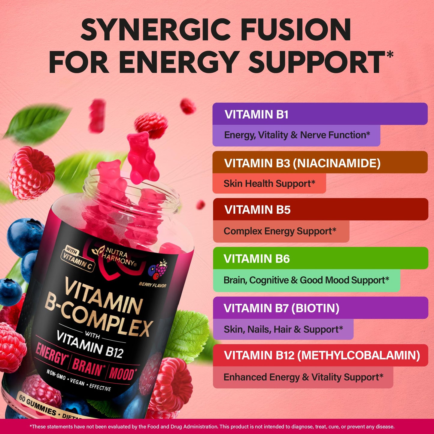 Vitamin B-Complex Gummies for Women & Men - B1-B12 + Vitamin C & Choline - Berry Flavor, Vegan (60 Gummies)