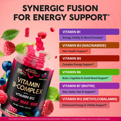 Vitamin B-Complex Gummies for Women & Men - B1-B12 + Vitamin C & Choline - Berry Flavor, Vegan (60 Gummies)