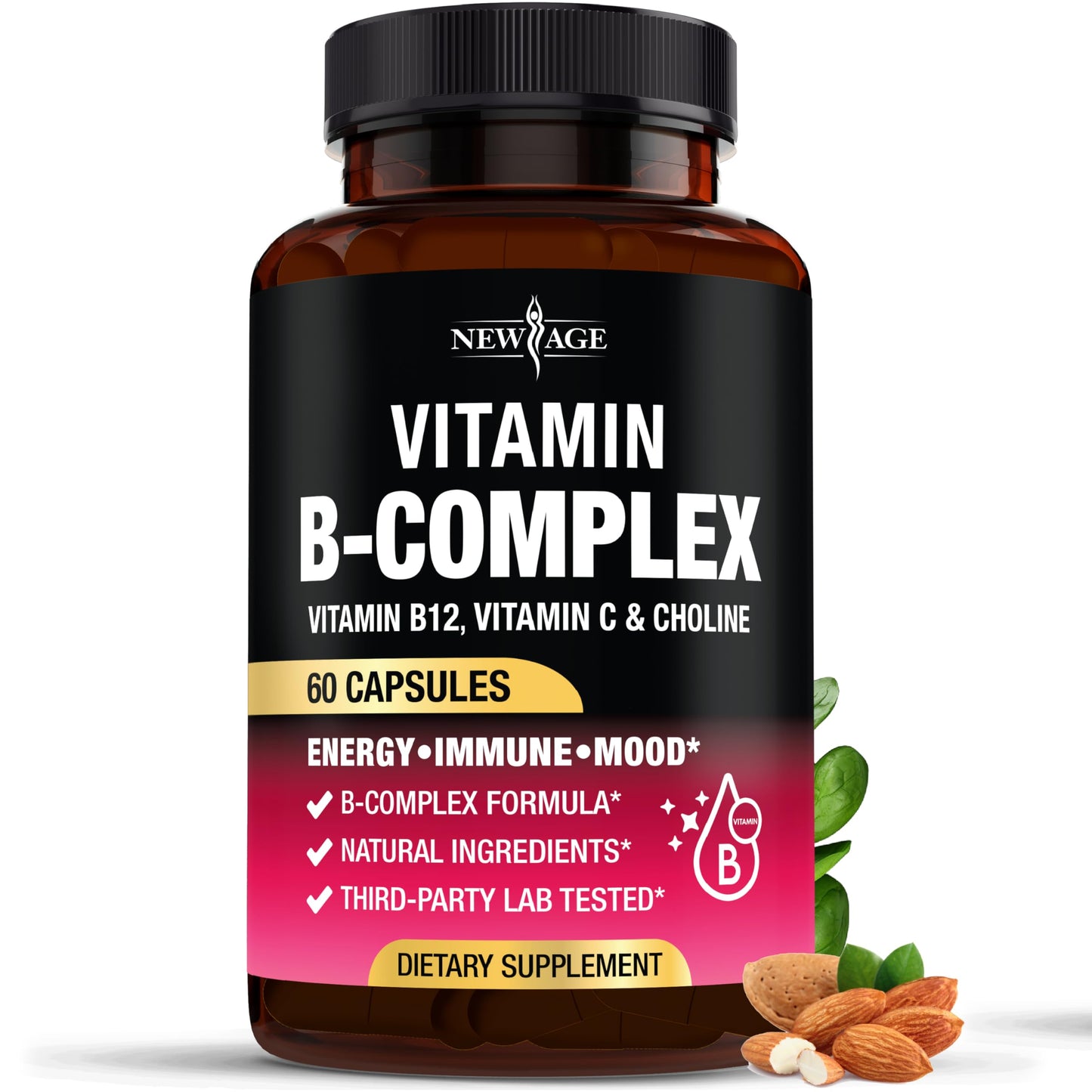 Vitamin B Complex for Men & Women – Made in USA | B-Complex with B1–B12, Vitamin C, Choline & Inositol – 60 Vegan Capsules