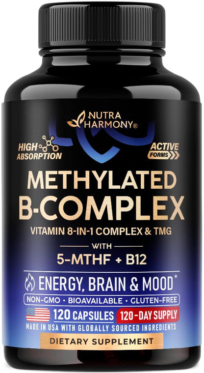 Vitamin B Complex Methylated – 9-in-1 B Vitamins for Energy, Brain & Mood | Vegan | Made in USA | 120 Capsules