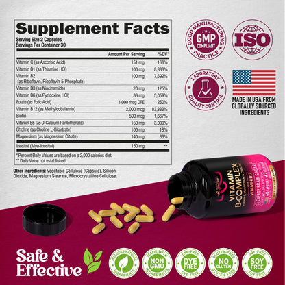 Vitamin B Complex for Men & Women - Made in USA | 60 Vegan Caps