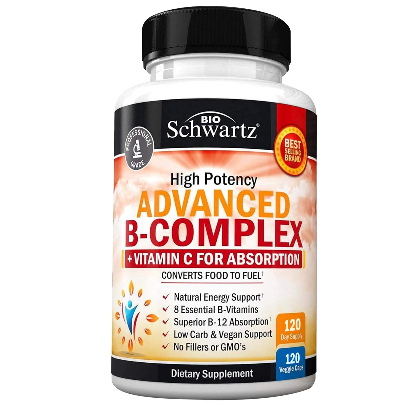 Vitamin B Complex with Vitamin C for Maximum Absorption - Methylcobalamin B12 & Folate - 120 Count