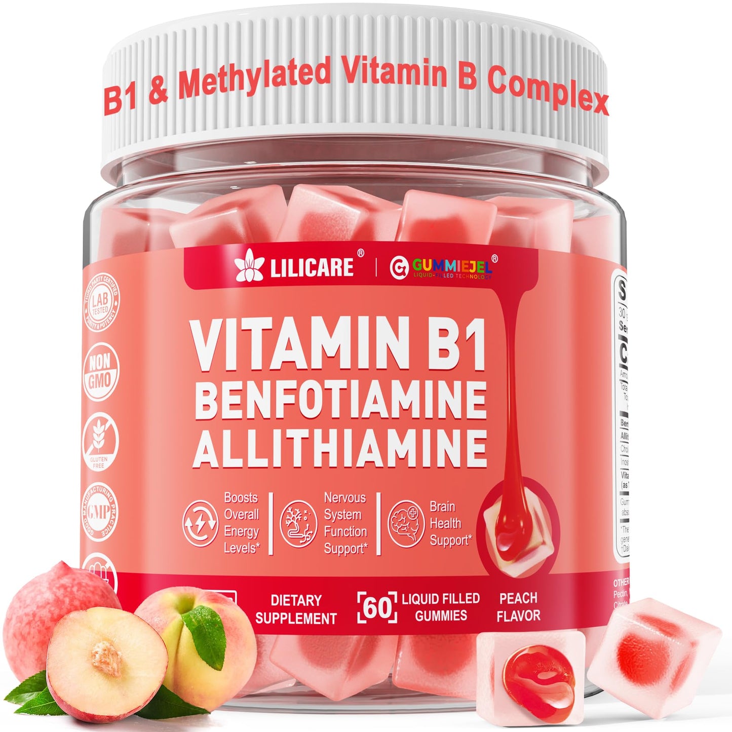 Vitamin B1 & Methylated Vitamin B Complex Gummies - All B Vitamins, Benfotiamine, Thiamine & Inositol, Methylated B1 B2 B6 Multivitamins, L-methylfolate, Methyl B12 for Nerve Cognition Energy, 60 Cts