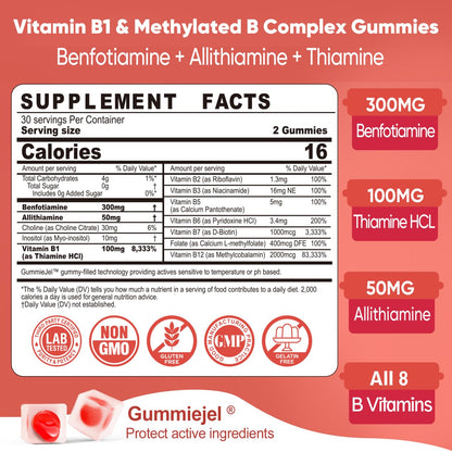 Vitamin B1 & Methylated Vitamin B Complex Gummies - All B Vitamins, Benfotiamine, Thiamine & Inositol, Methylated B1 B2 B6 Multivitamins, L-methylfolate, Methyl B12 for Nerve Cognition Energy, 60 Cts