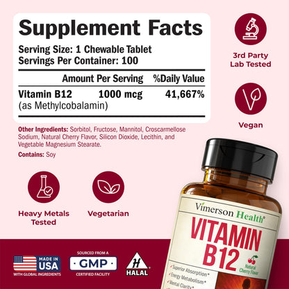 Vitamin B12 1000 mcg – Chewable Methylcobalamin B12 for Energy & Metabolism – Vegan Cherry Flavor