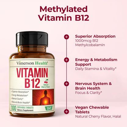 Vitamin B12 1000 mcg – Chewable Methylcobalamin B12 for Energy & Metabolism – Vegan Cherry Flavor