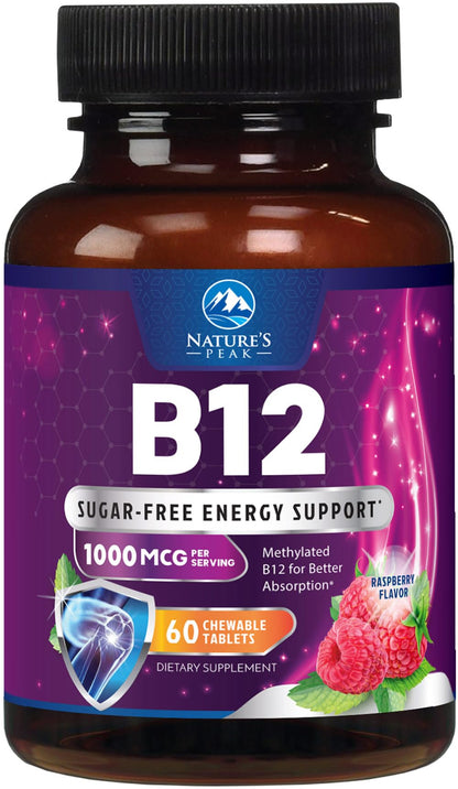 Vitamin B12 1000 mcg Methylcobalamin - Vegan, Sugar-Free Raspberry | 60 Chewable Tablets | 60 Day Supply