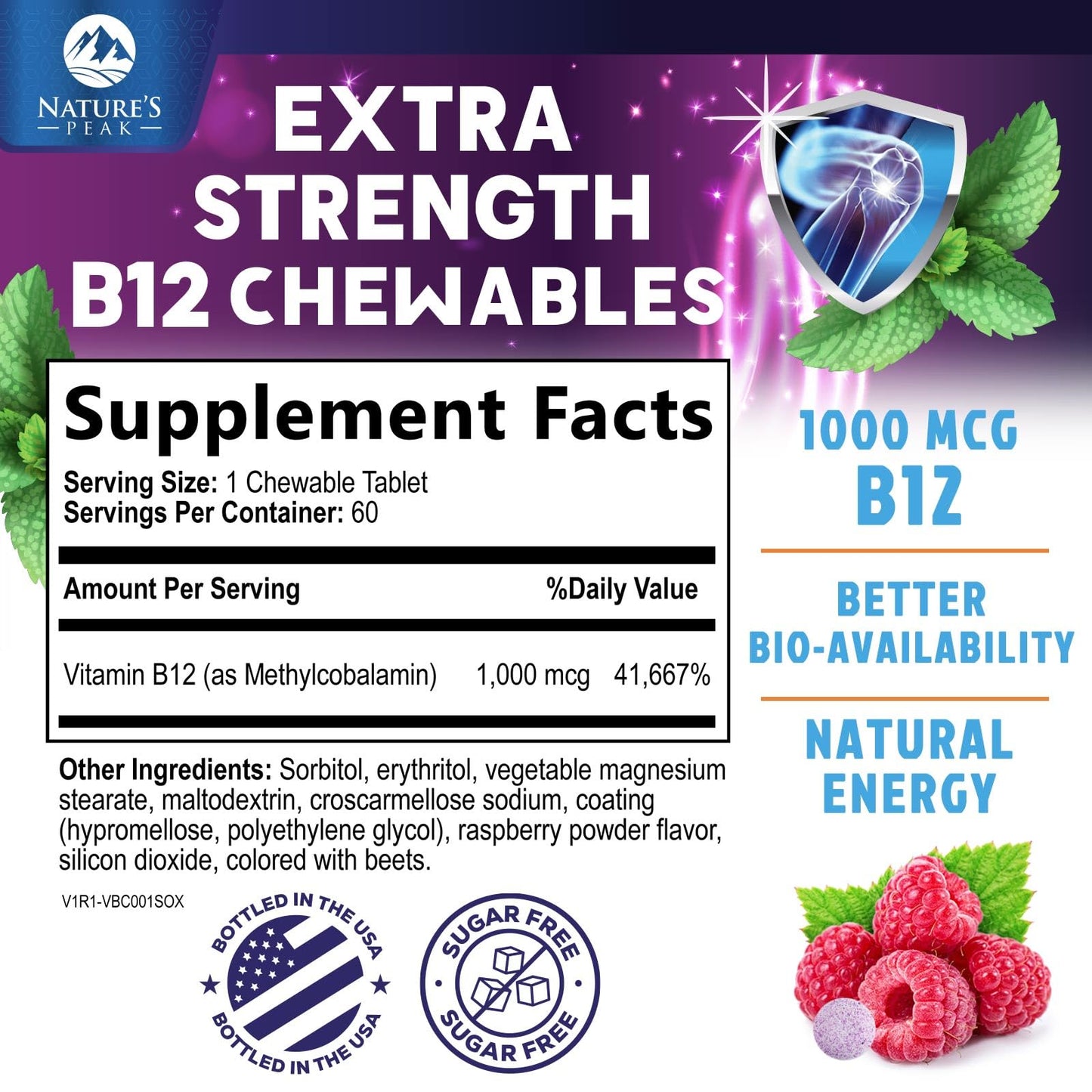 Vitamin B12 1000 mcg Methylcobalamin - Vegan, Sugar-Free Raspberry | 60 Chewable Tablets | 60 Day Supply
