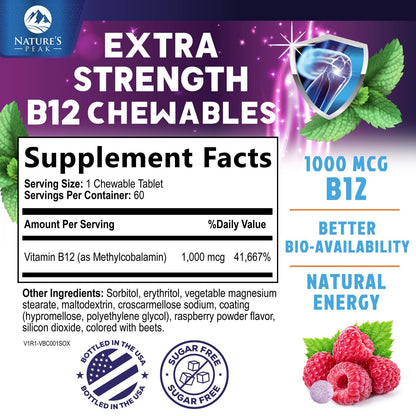 Vitamin B12 1000 mcg Methylcobalamin - Vegan, Sugar-Free Raspberry | 60 Chewable Tablets | 60 Day Supply