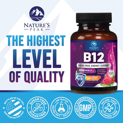 Vitamin B12 1000 mcg Methylcobalamin - Vegan, Sugar-Free Raspberry | 60 Chewable Tablets | 60 Day Supply